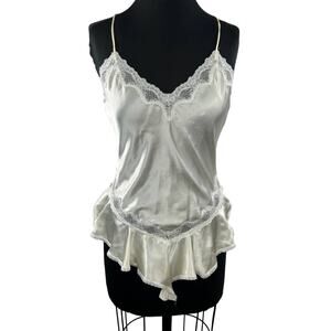 VTG Woolite Sheri Gregory White Silky Satin Lace Teddy Ruff Bodysuit Lingerie S